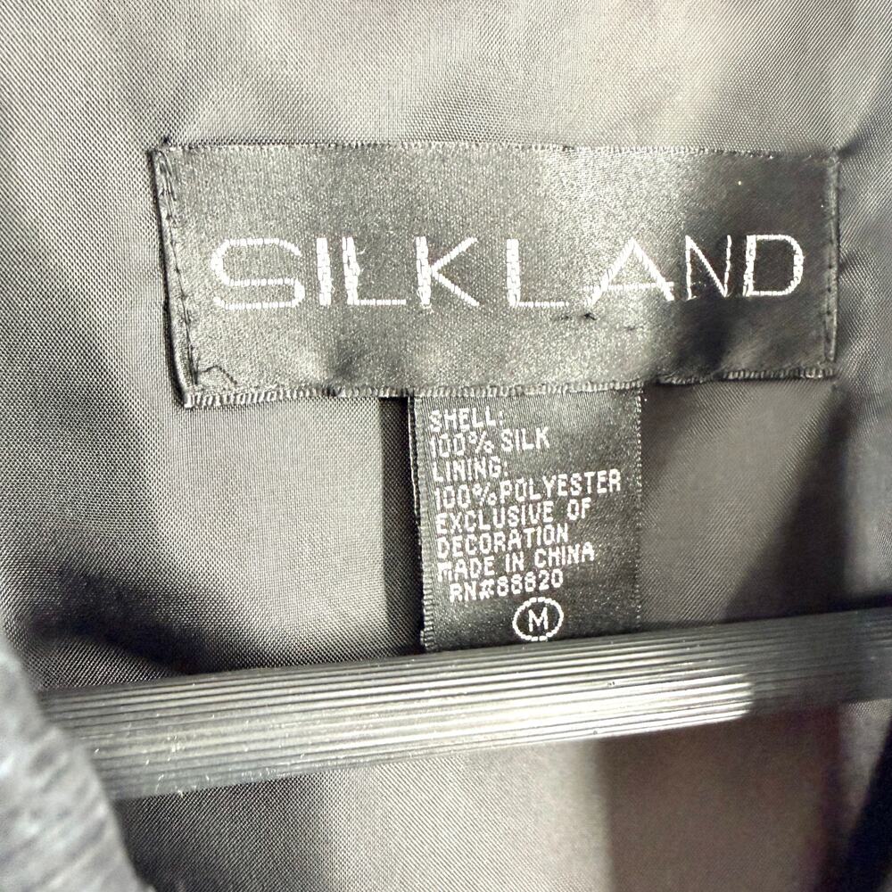 SILK LAND Sz Medium 100% Silk Black Blue Pink Wearable Art Jacket Shirt Top - Picture 2 of 9